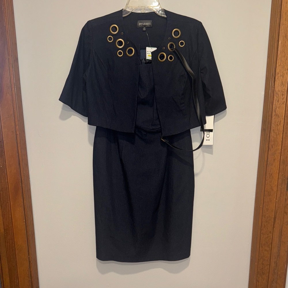 Studio I NWT Size 10 Navy Blue Dress and Jacket Set with Gold Accents and Belt